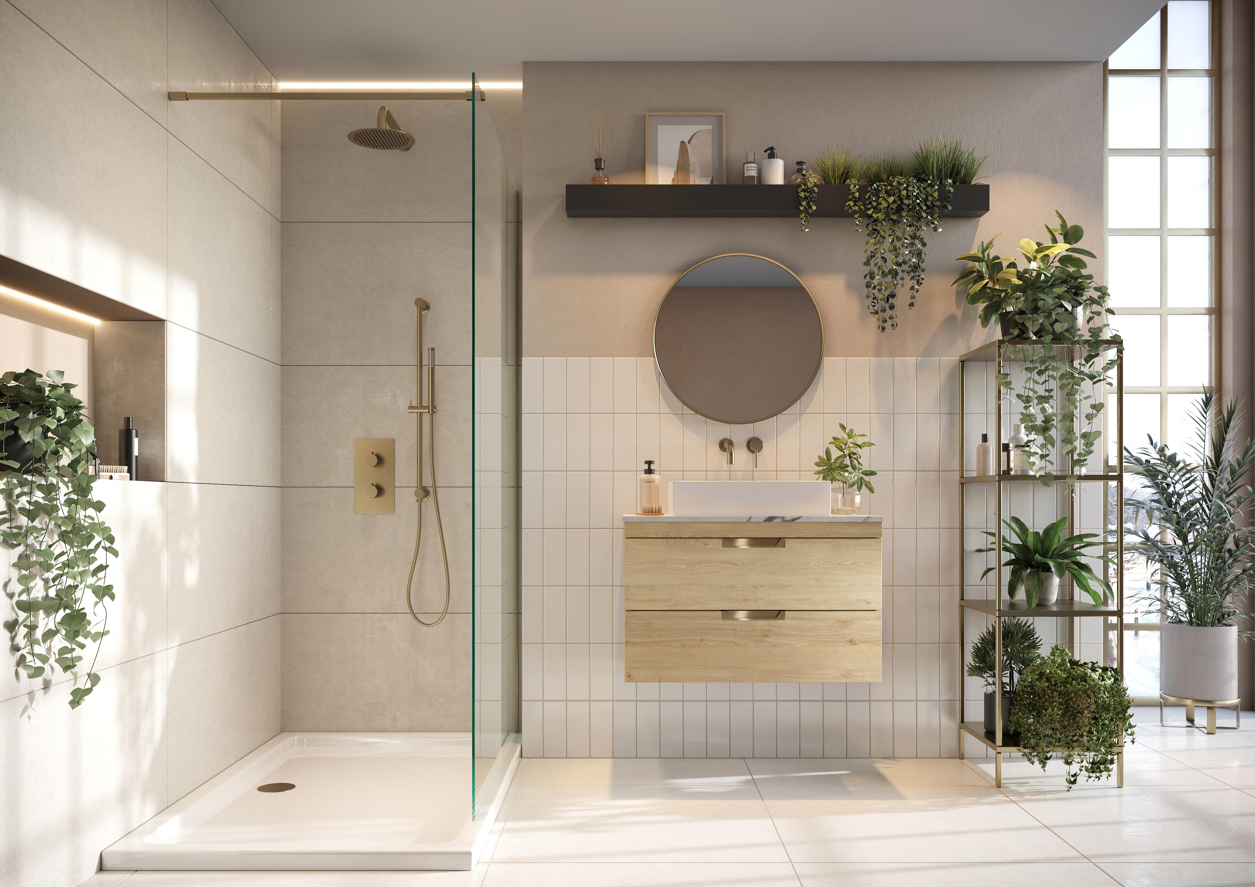 Scudo Aubrey 800mm wall hung vanity unit in Davos Oak with integral handles