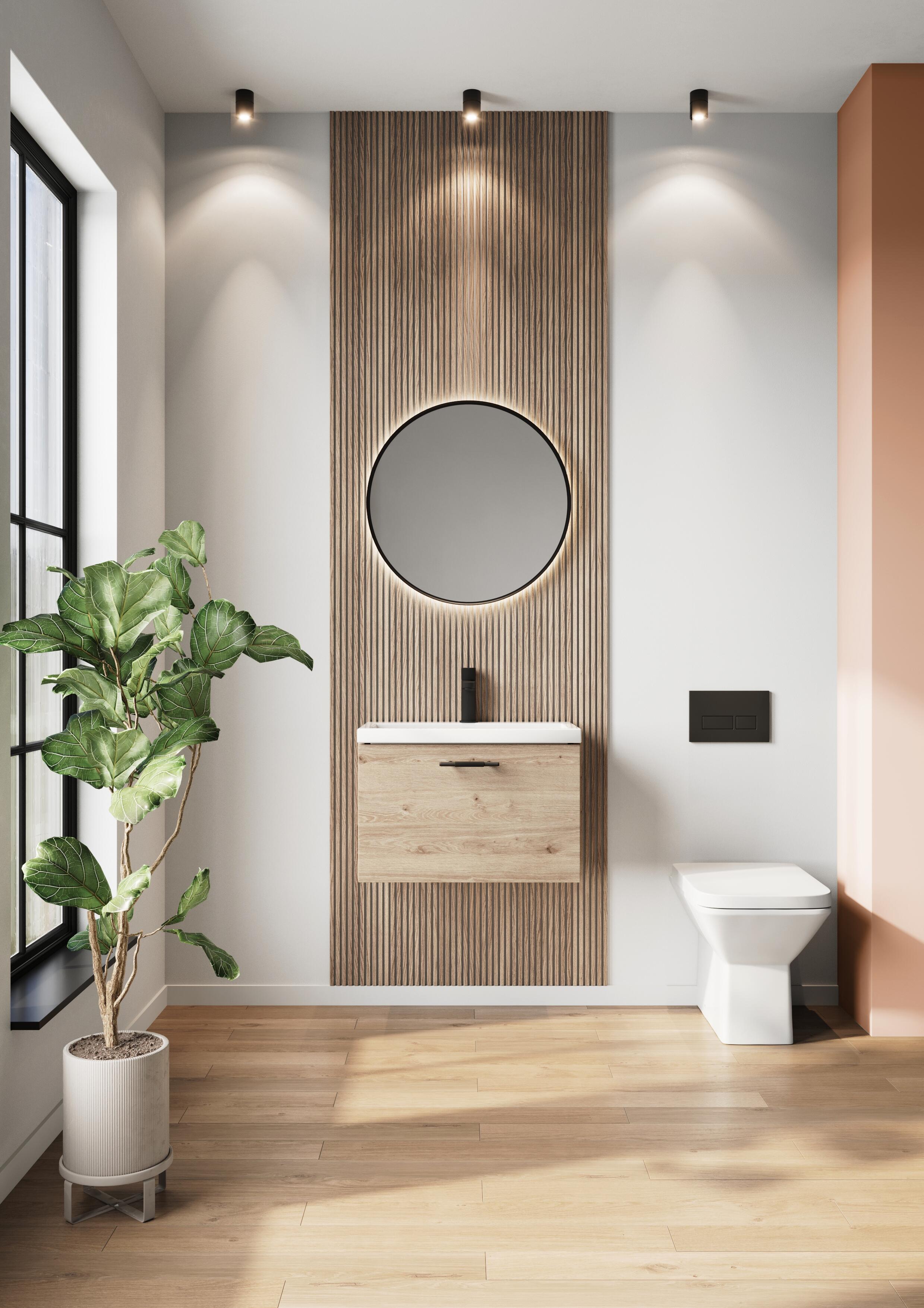 Scudo Muro PLUS wall hung vanity unit in Davos Oak wood effect finish, contemporary design with soft close doors