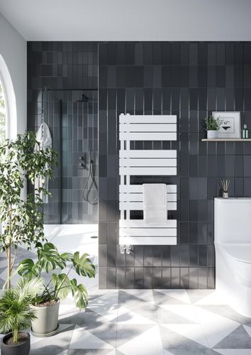 Scudo Thames white designer towel radiator, 1640mm height, 600mm width, vertical rail design