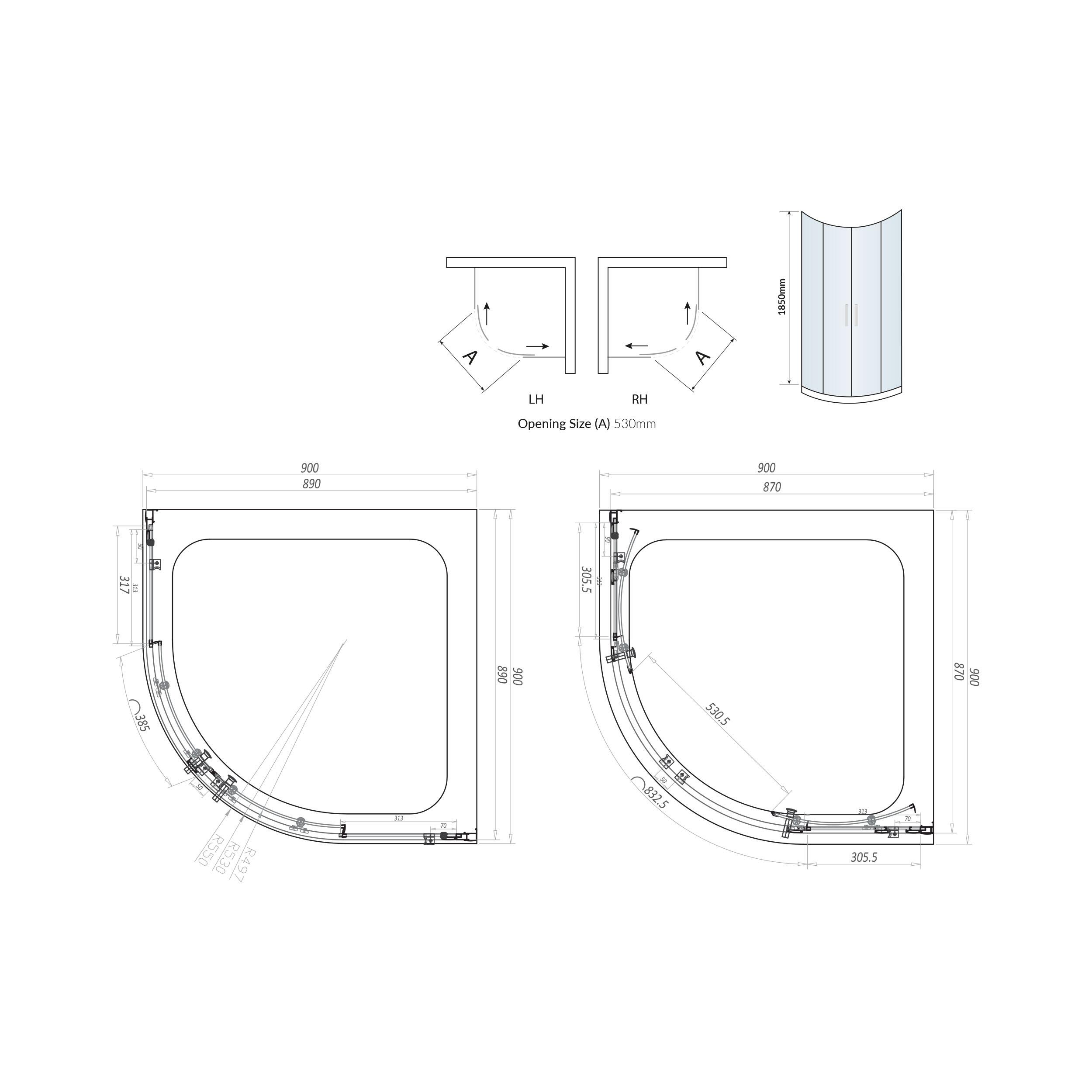 Scudo S6 double door slider quadrant shower enclosure, 900mm, chrome frame, clear glass