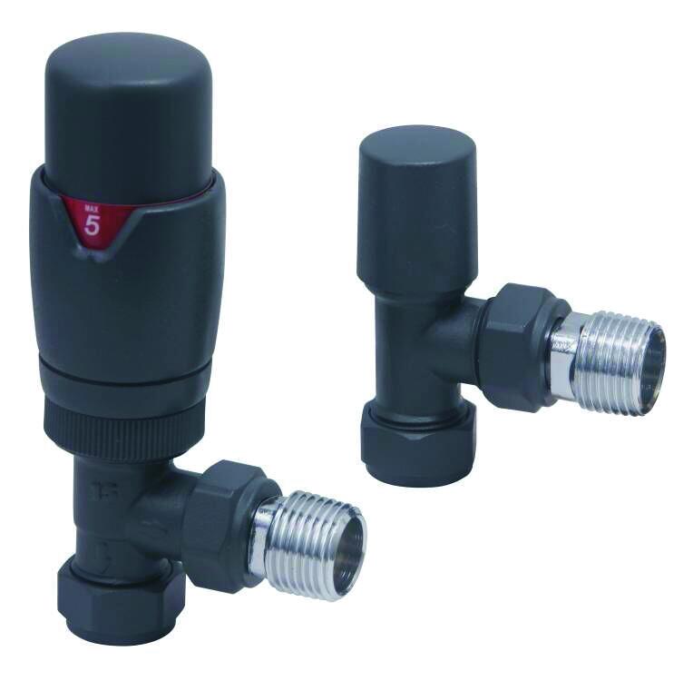 Scudo Designer angled thermostatic radiator valve twin pack, Carbon Anthracite finish