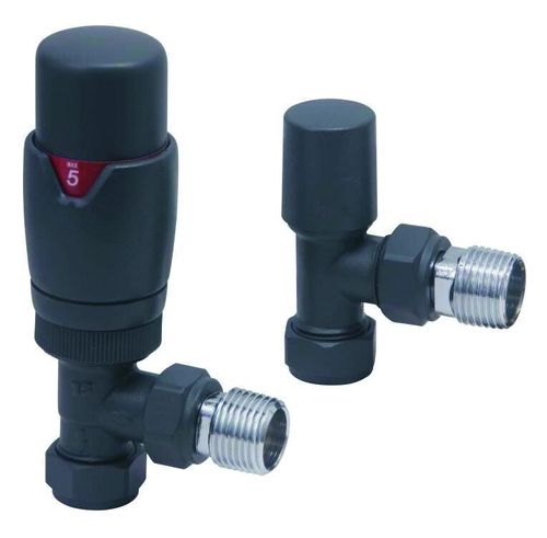 Scudo Designer angled thermostatic radiator valve twin pack, Carbon Anthracite finish