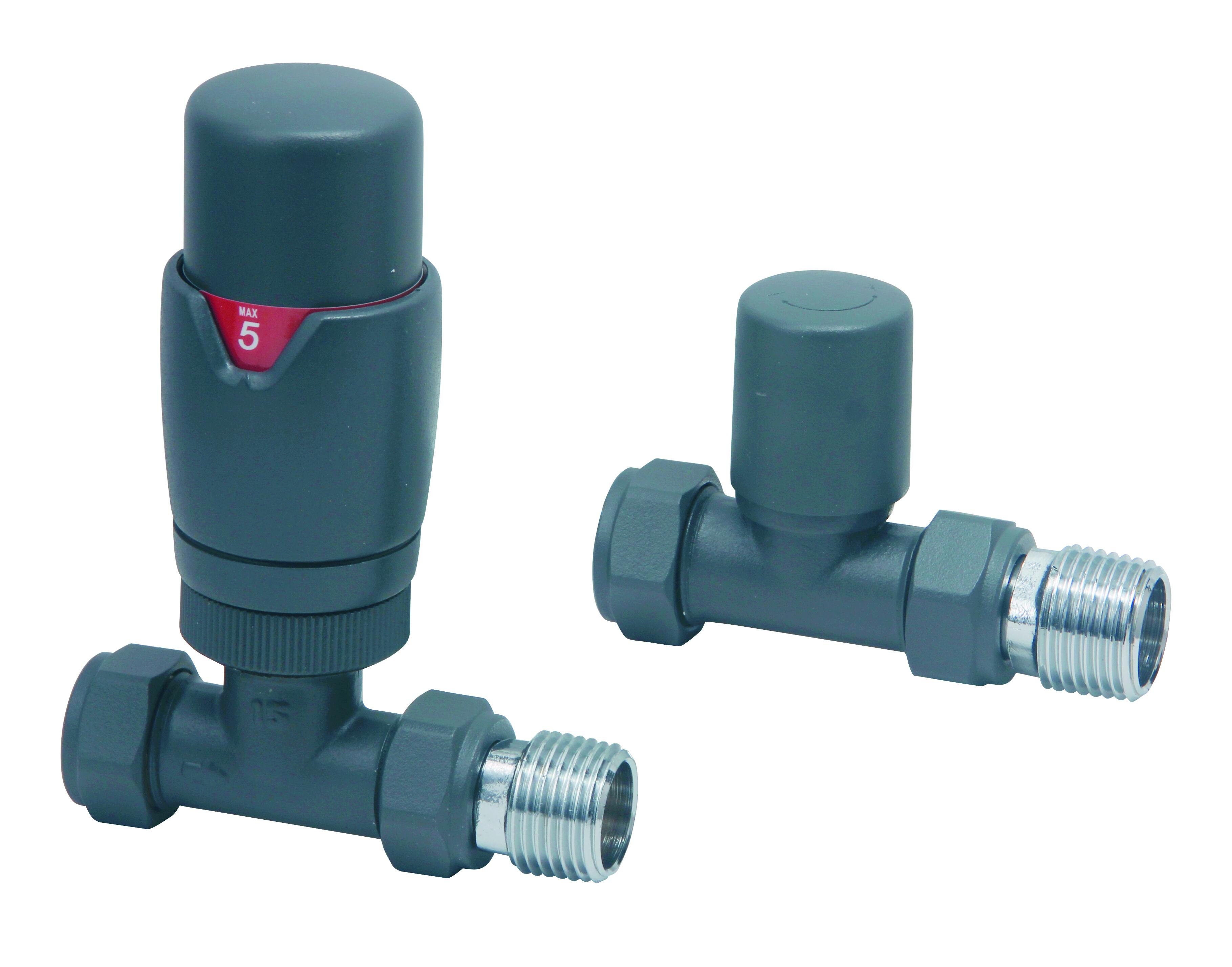 Scudo Designer straight thermostatic radiator valve twin pack, anthracite brass finish