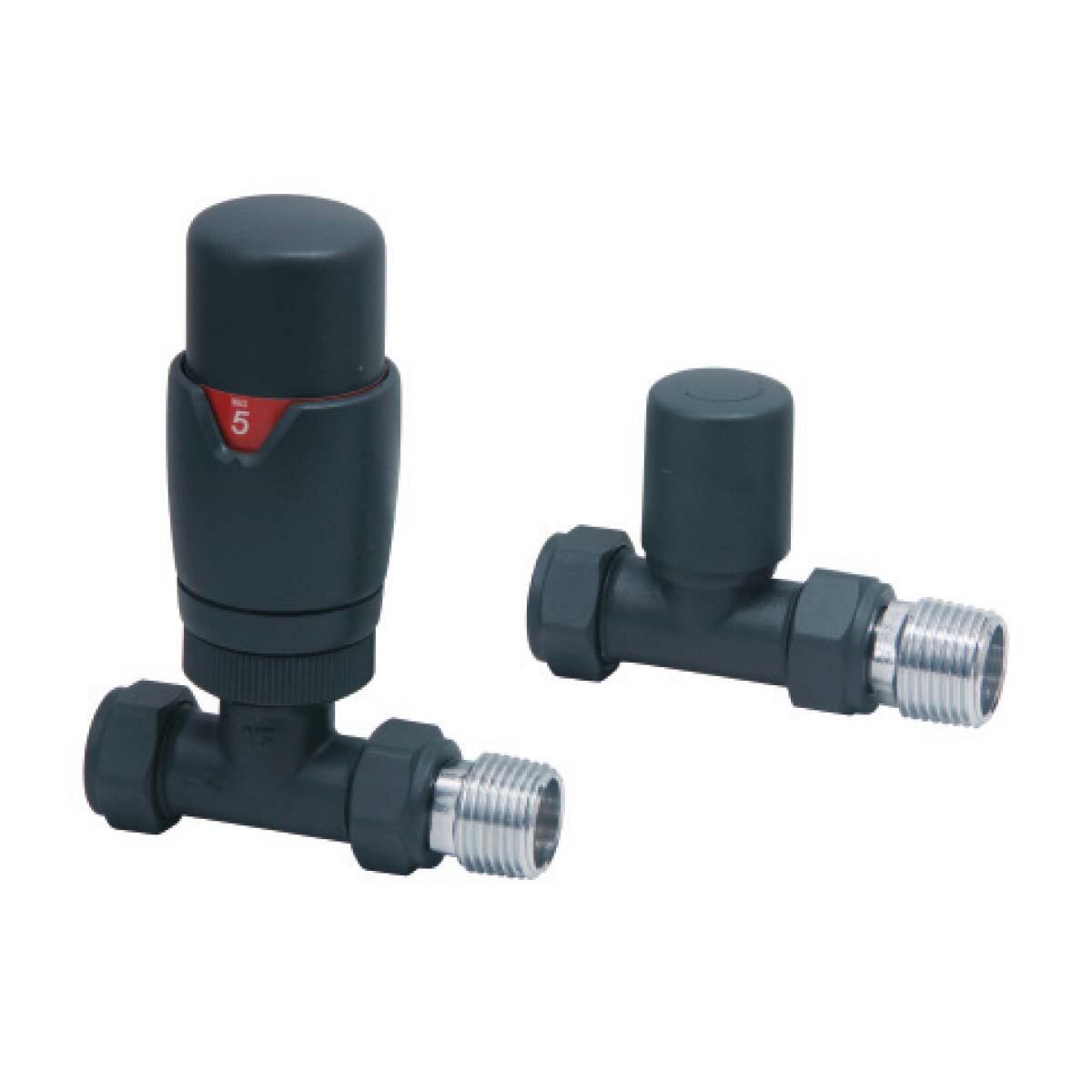 Scudo Designer Twin Pack Straight Thermostatic Radiator Valves, Carbon Anthracite Brass
