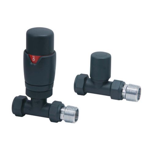 Scudo Designer Twin Pack Straight Thermostatic Radiator Valves, Carbon Anthracite Brass