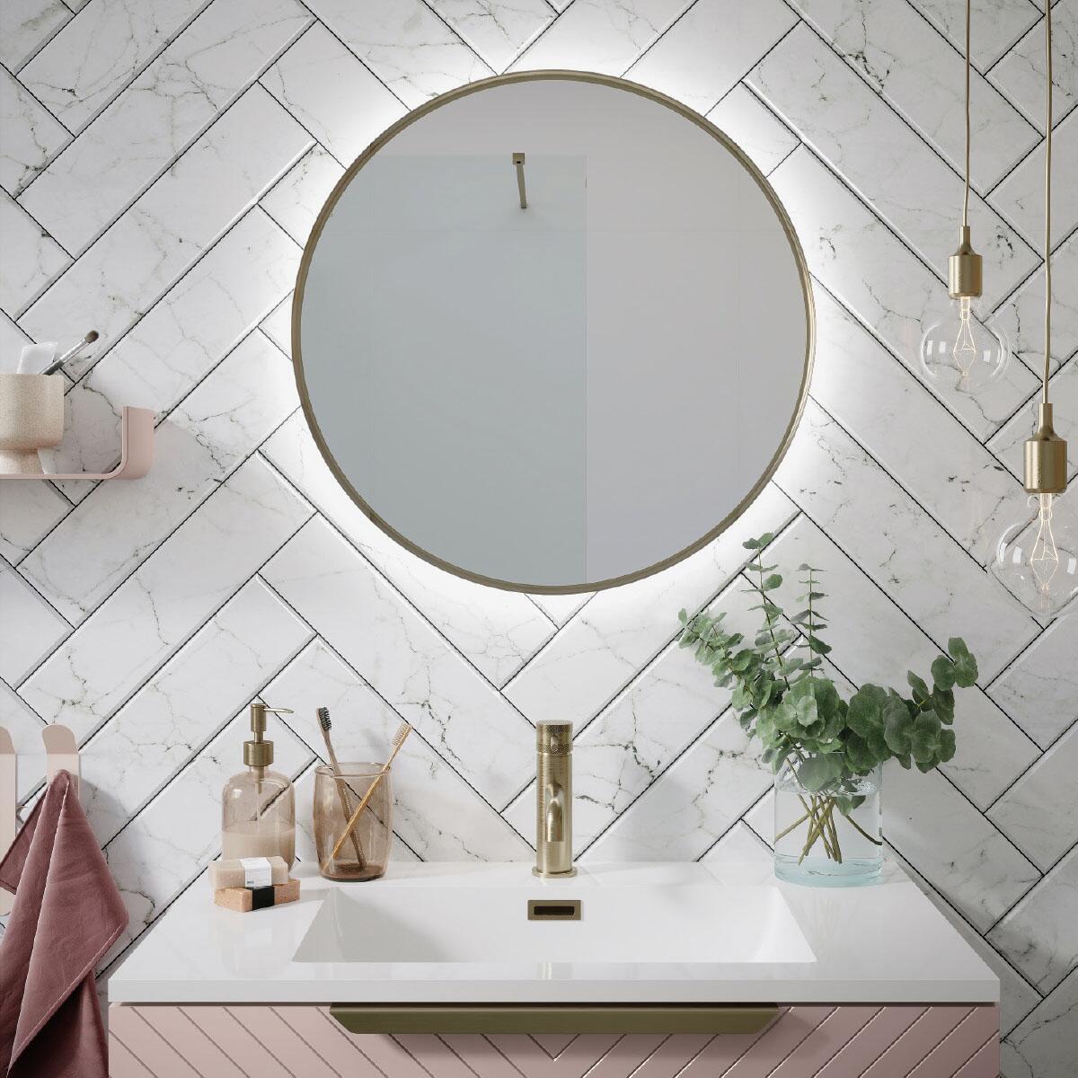 Scudo Macie 600mm round LED mirror in brushed brass finish