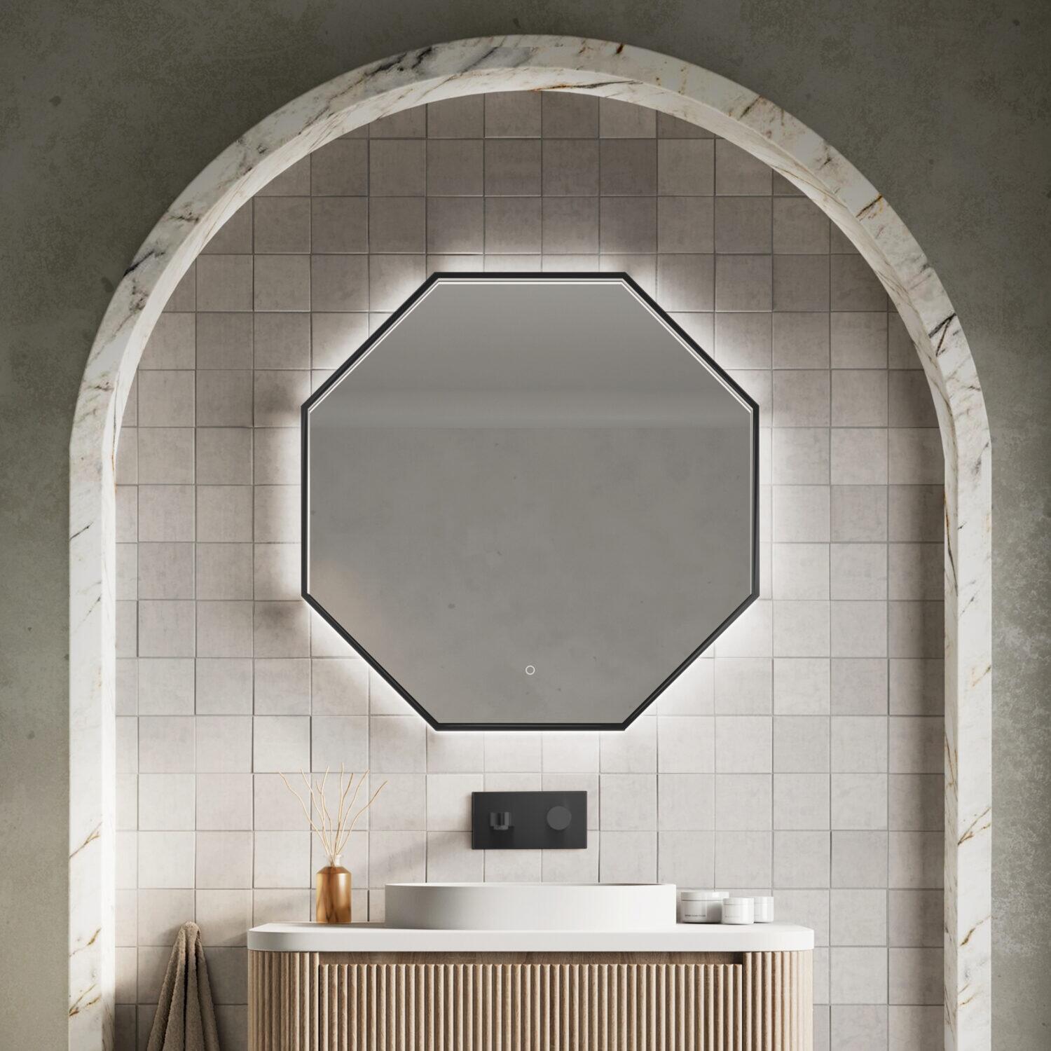 Scudo Passa octagonal LED mirror, 800x800mm, matt black aluminium frame
