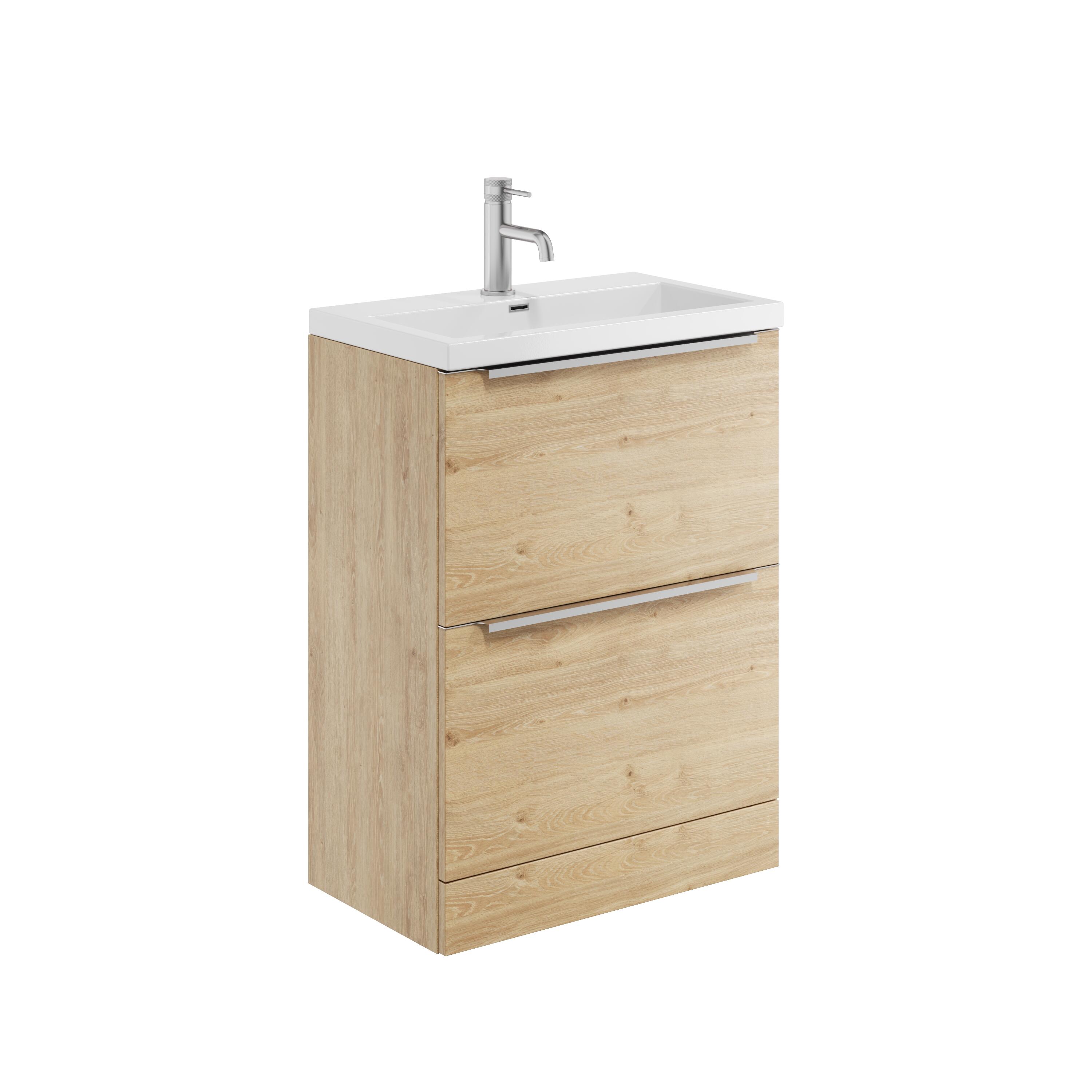 Scudo Muro PLUS 2 drawer freestanding basin unit in Davos Oak, 630mm wide, 830mm high, 350mm deep