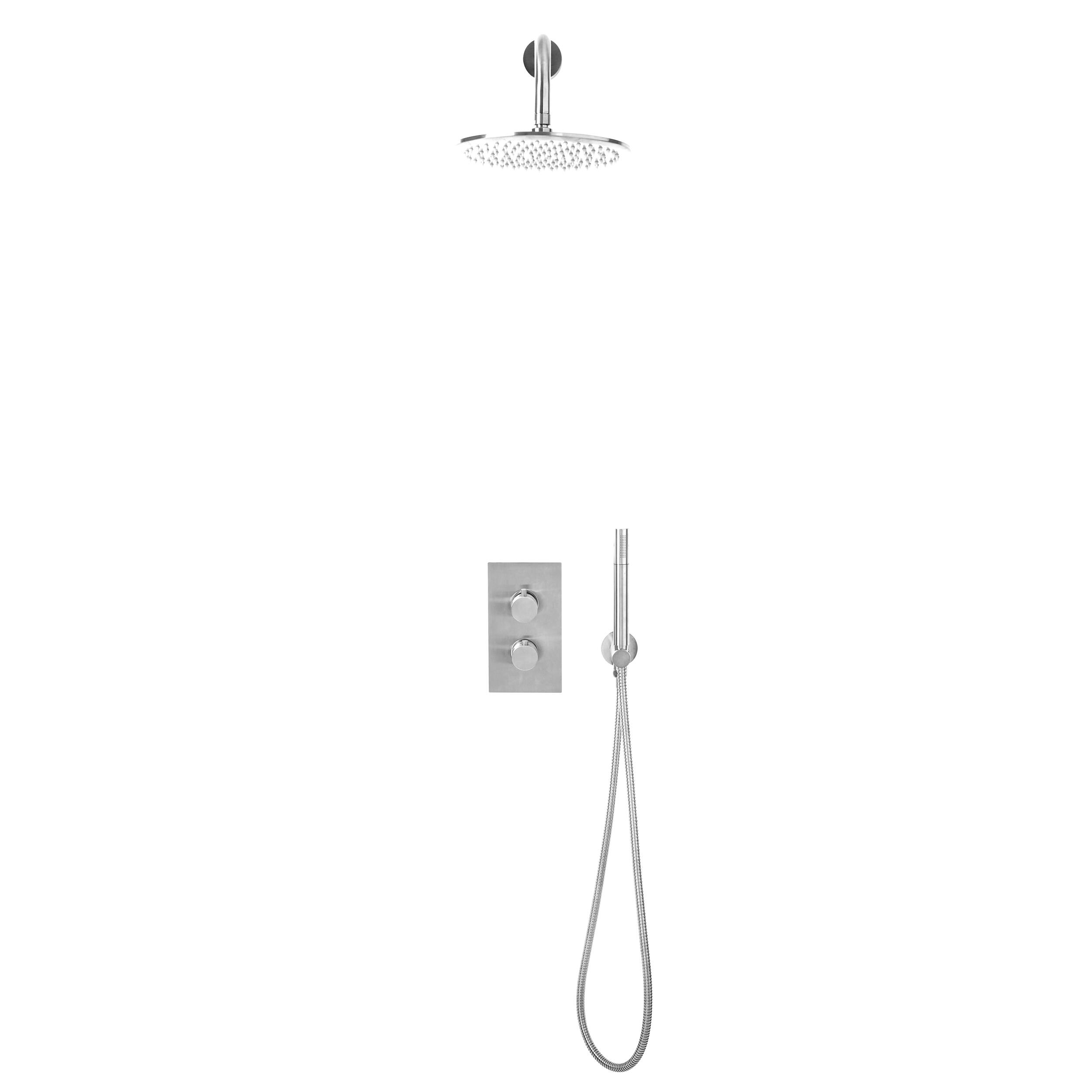 Scudo Core complete shower system with round handle, drench head, and handset in chrome finish