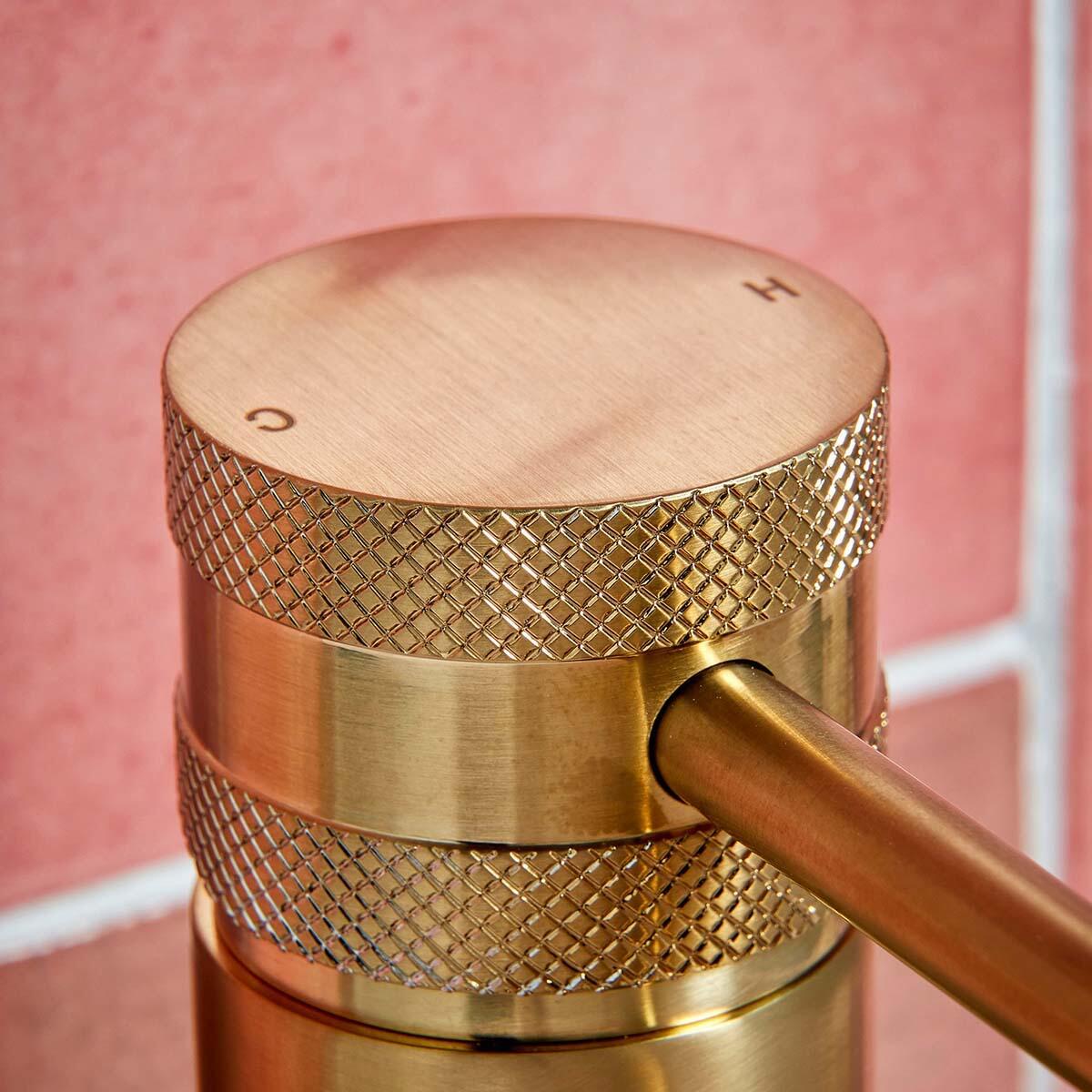 Scudo Core Collection deck mounted basin mixer, brushed brass finish, lever handle