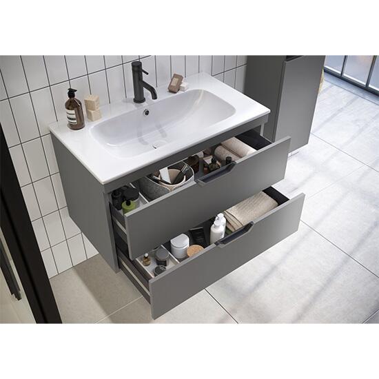 Scudo Aubrey 600mm wall hung vanity unit in Dust Grey with integral handles and matching worktop
