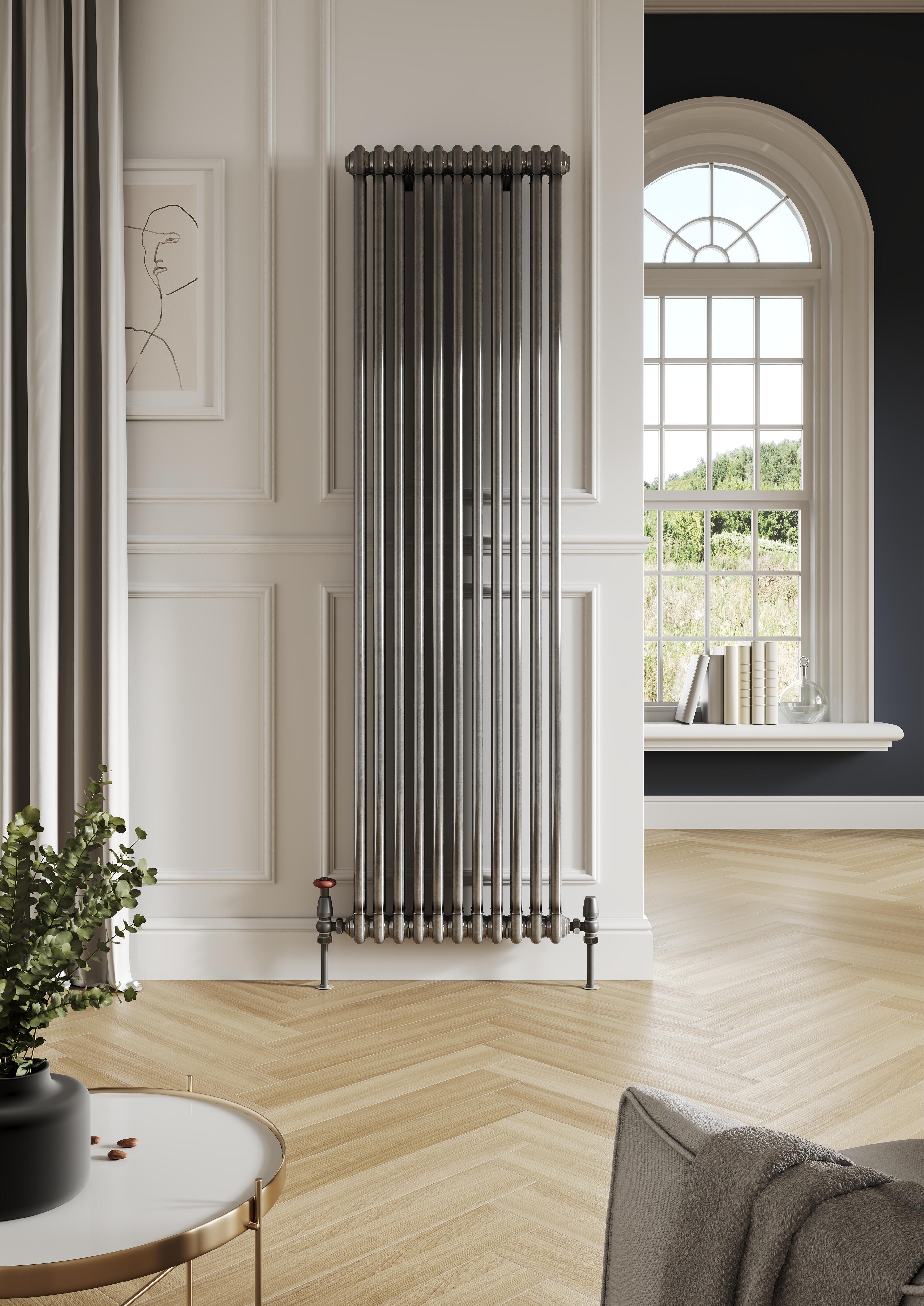 Scudo Column designer radiator in raw metal black finish, 2 column vertical design, 1800mm height