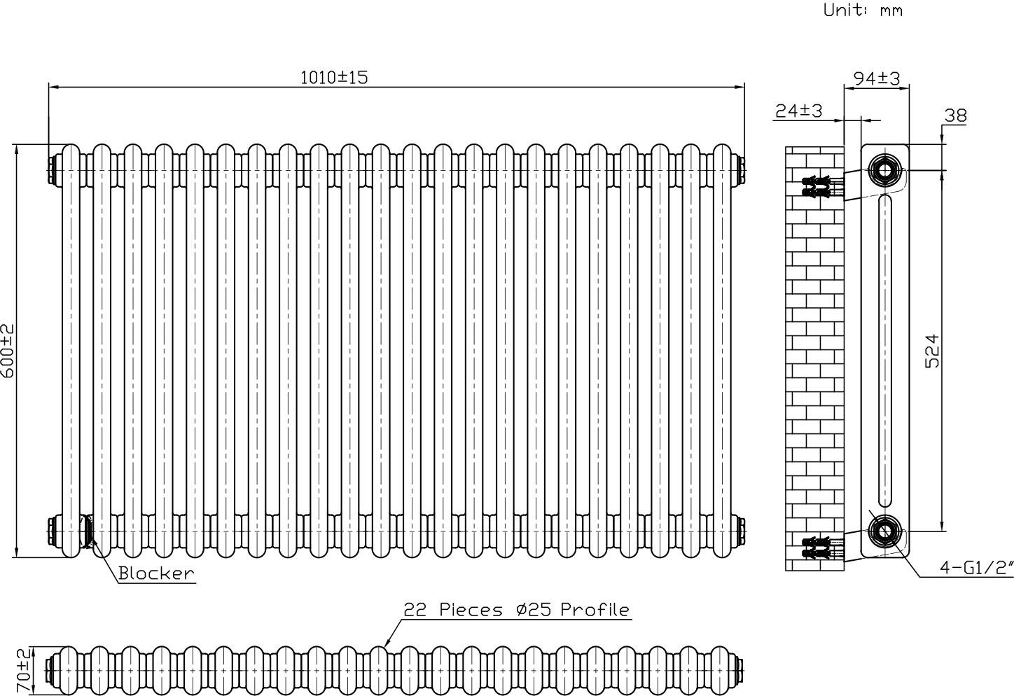 Scudo Column horizontal designer radiator in anthracite finish, 2 column 22 sections, 600mm x 1010mm