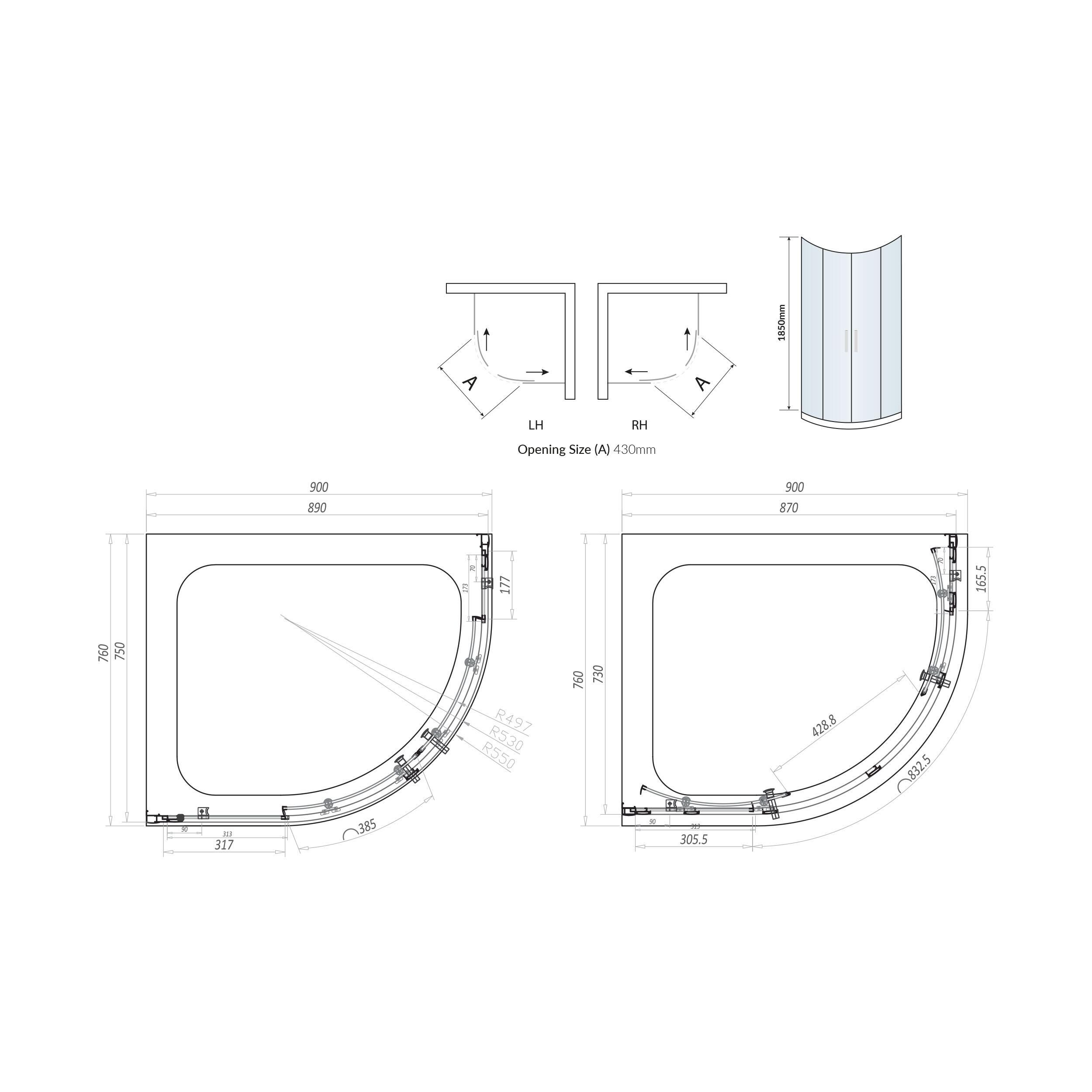 Scudo S6 double door quadrant shower enclosure, 900x760mm, chrome frame, clear glass.