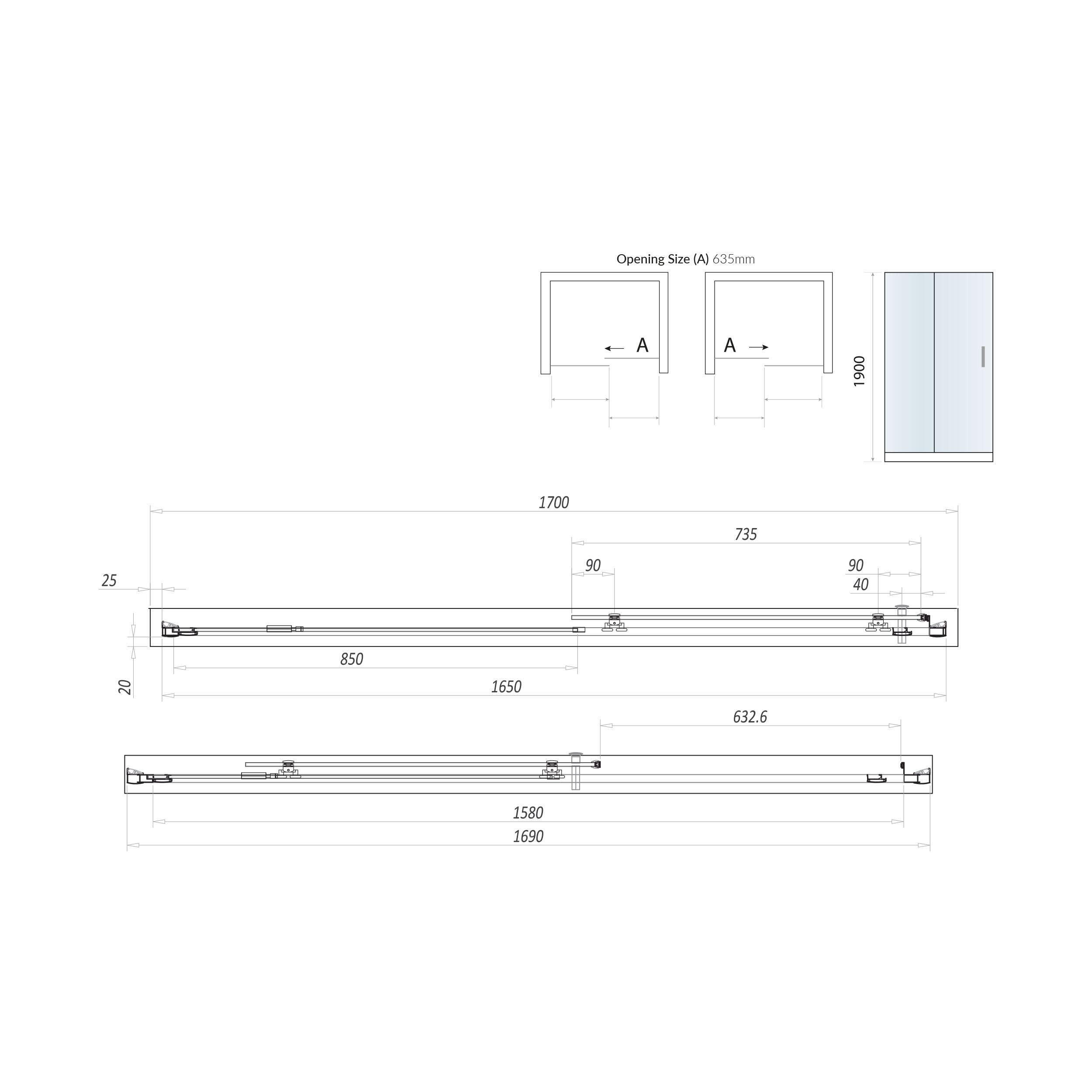 Scudo S8 sliding shower door, 1700mm x 1900mm, clear glass, chrome frame