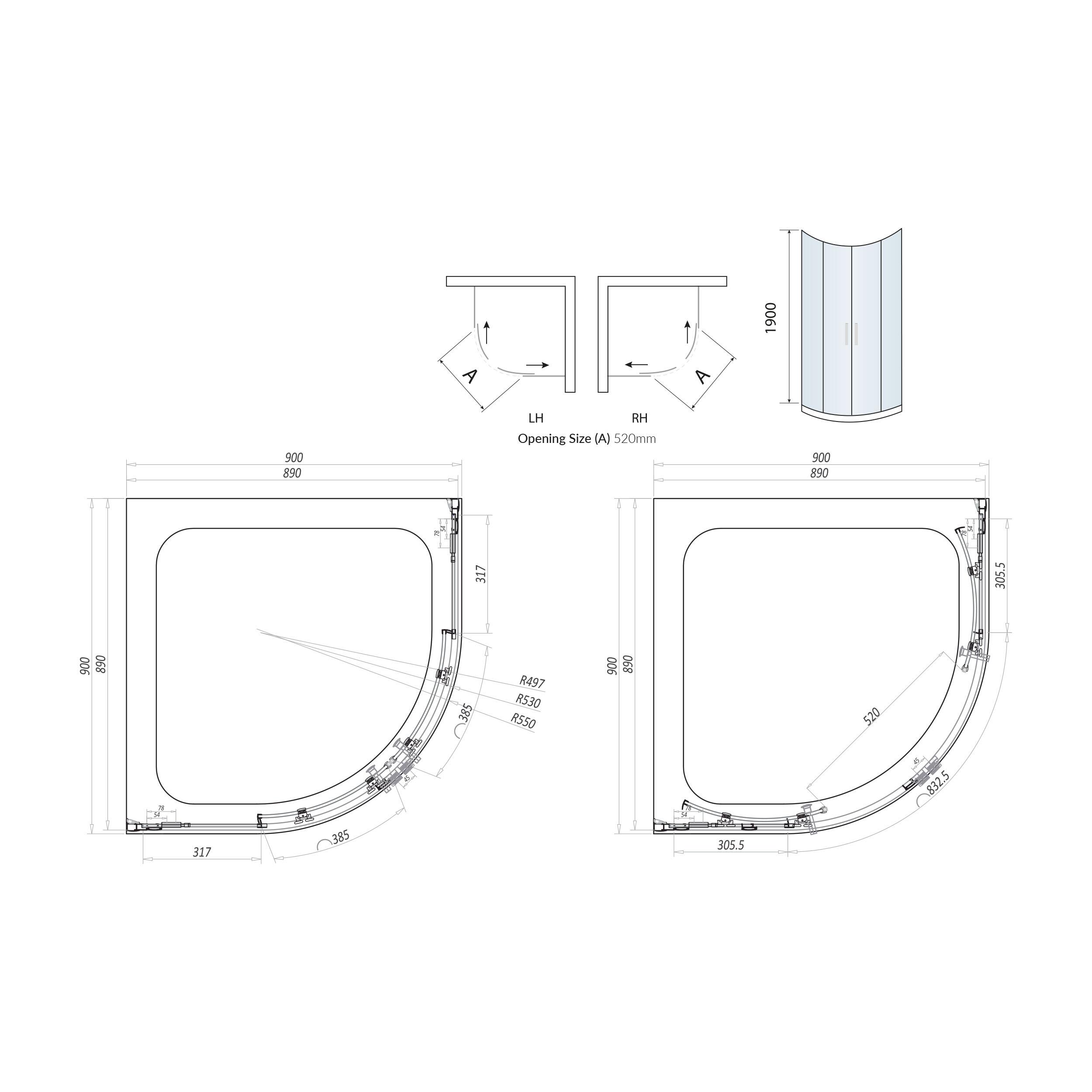 Scudo S8 900mm double door quadrant shower enclosure with 8mm clear toughened safety glass and chrome frame