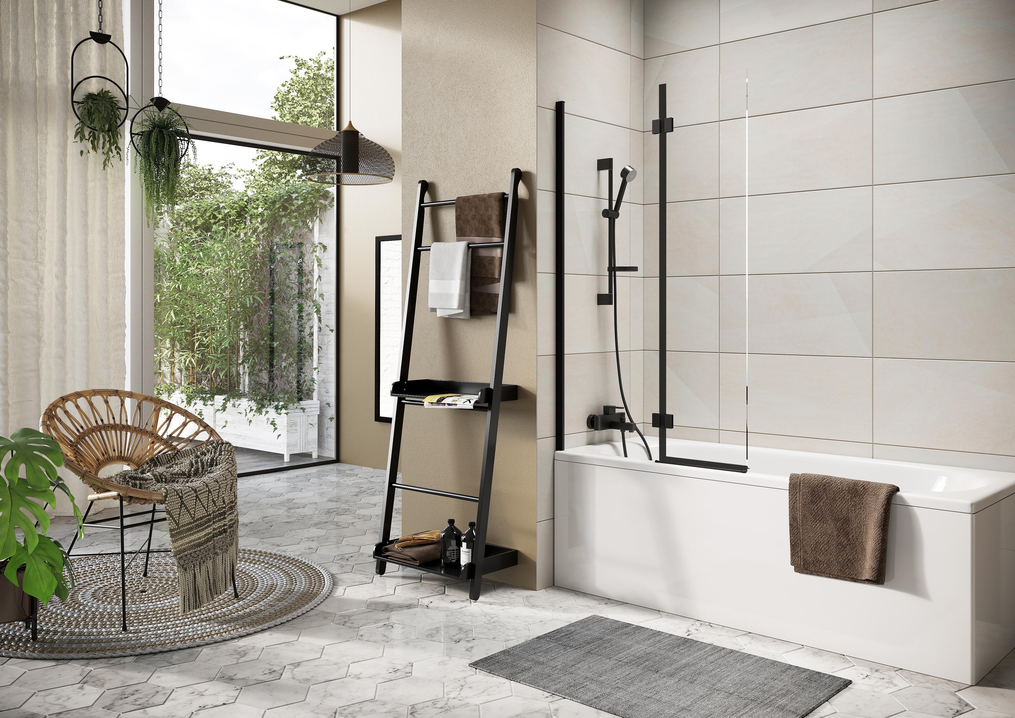 Scudo Thalia black framed bath screen, 1500mm height, 356mm clear glass panel