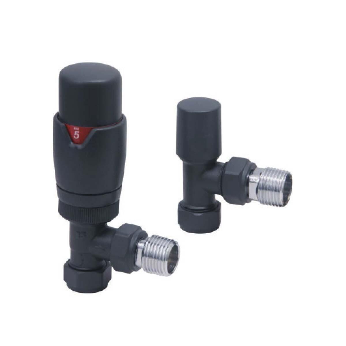 Scudo Designer angled thermostatic radiator valve twin pack, Carbon Anthracite finish