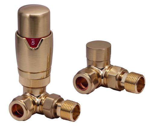 Scudo Designer thermostatic radiator valves, twin pack, brushed brass finish, corner design