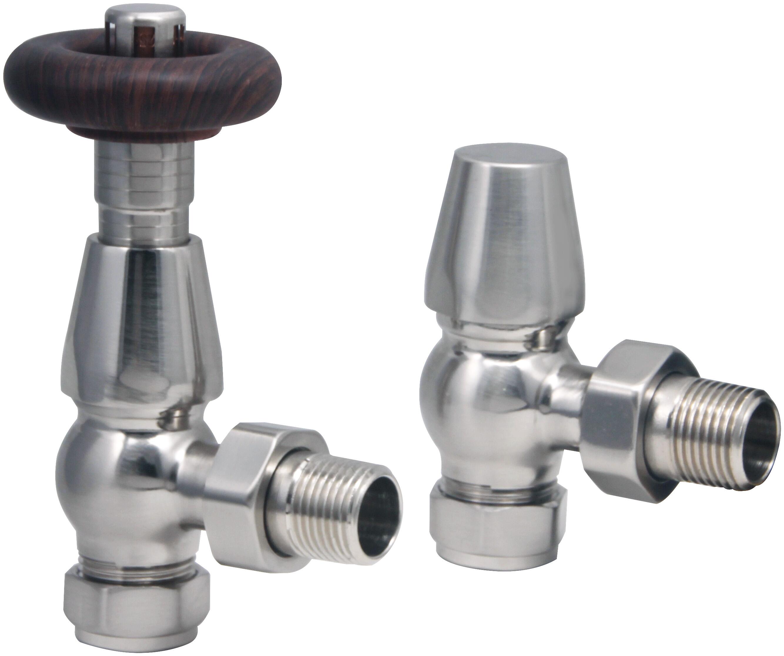 Scudo Satin Nickel angled thermostatic radiator valves, brass construction