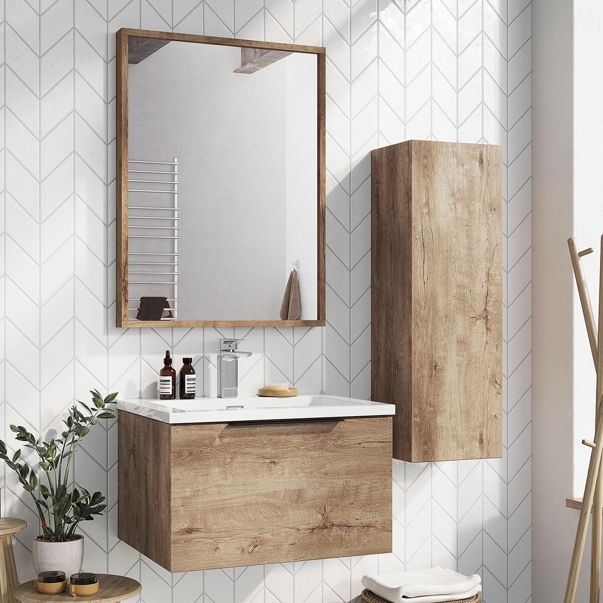 Scudo Ambience 800mm x 600mm LED mirror in Rustic Oak finish with integrated lighting