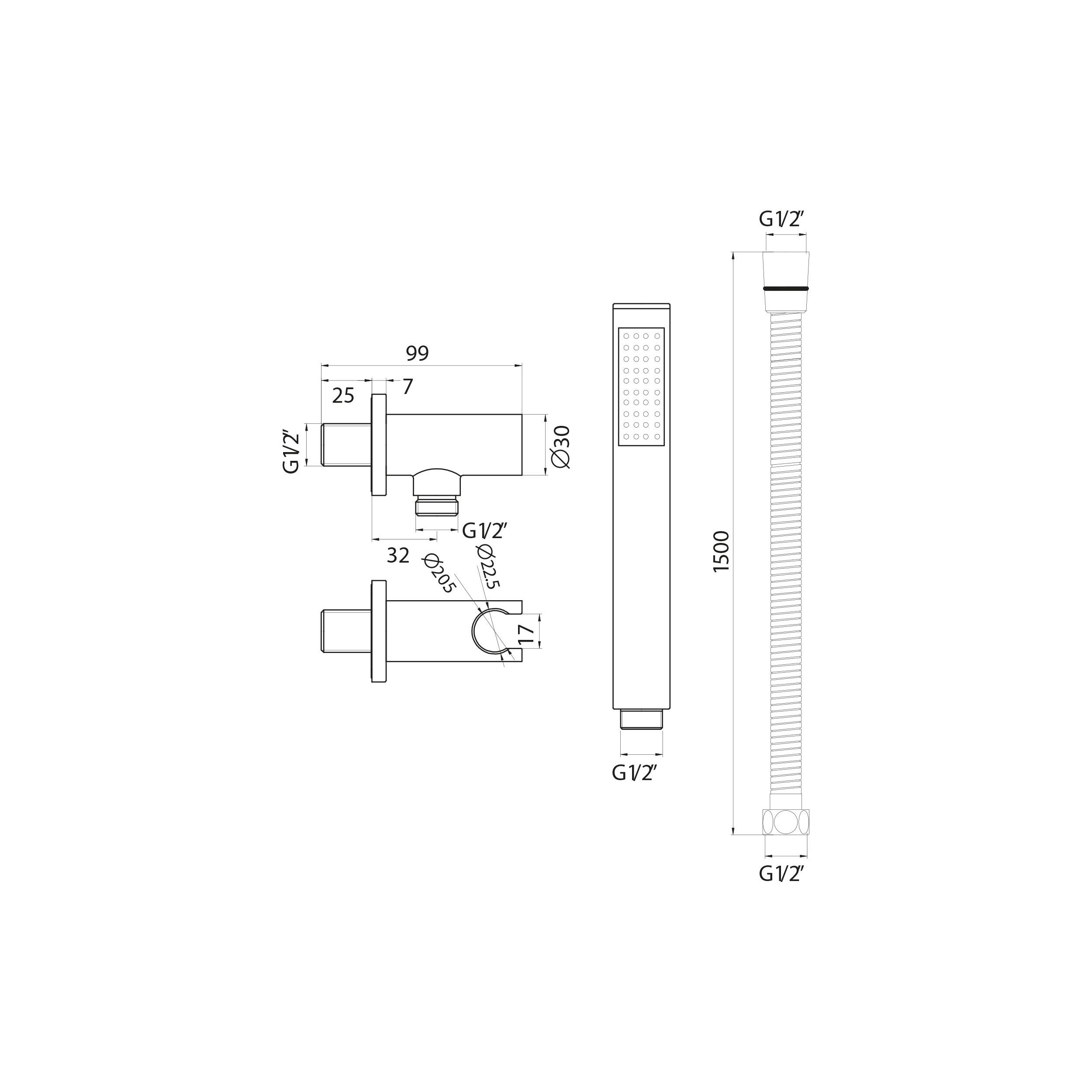 Scudo Round Shower Outlet, Hose and Head in Chrome, brass construction