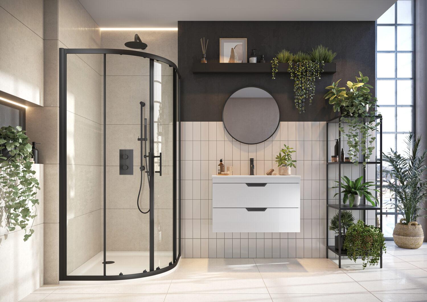 Scudo S6 800mm double door quadrant shower enclosure with clear 6mm toughened safety glass and black frame, 1850mm height.