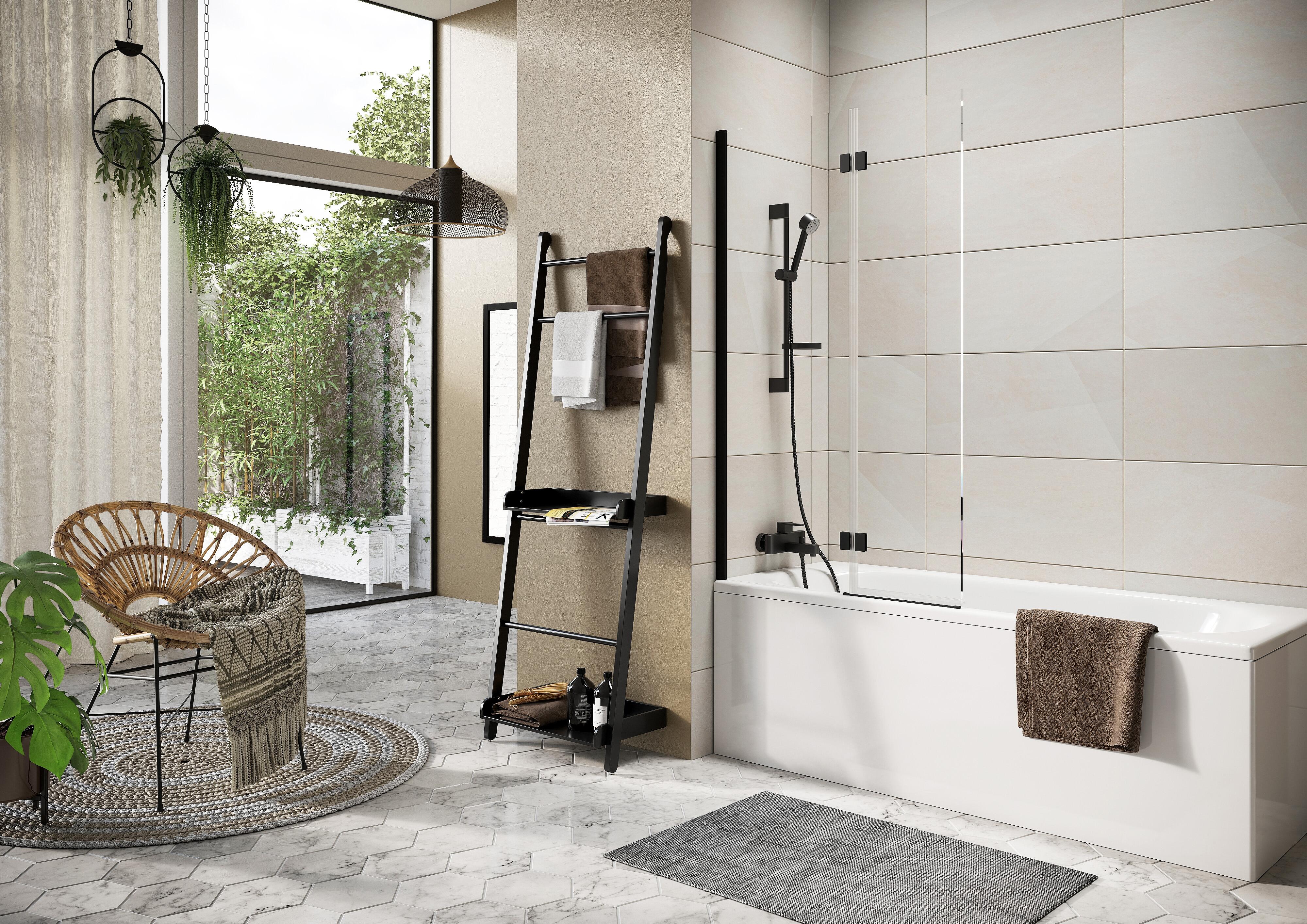 Scudo Thalia black frame bath screen, clear glass, 1500mm height, 356mm width