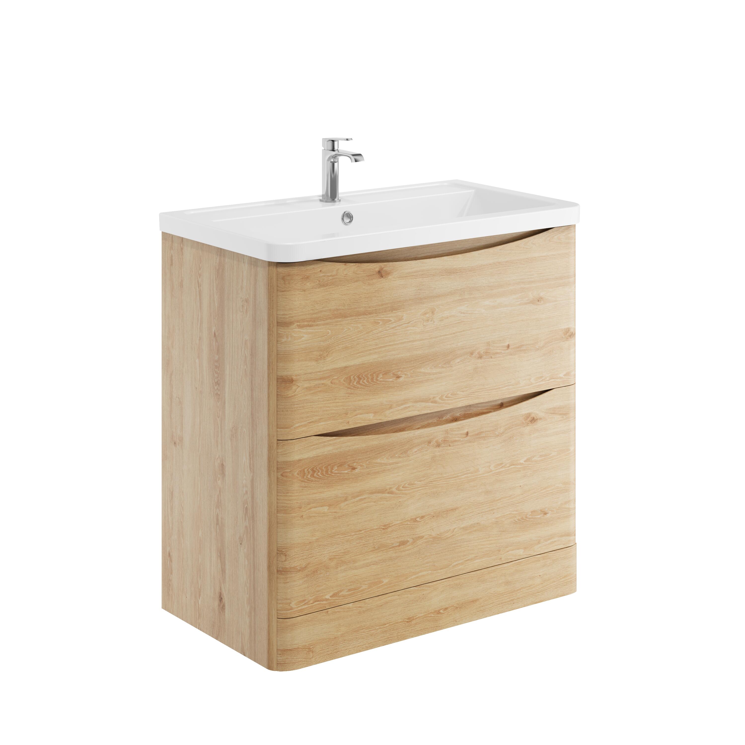 Scudo Bella 800mm floorstanding vanity unit in Davos Oak with soft-close doors