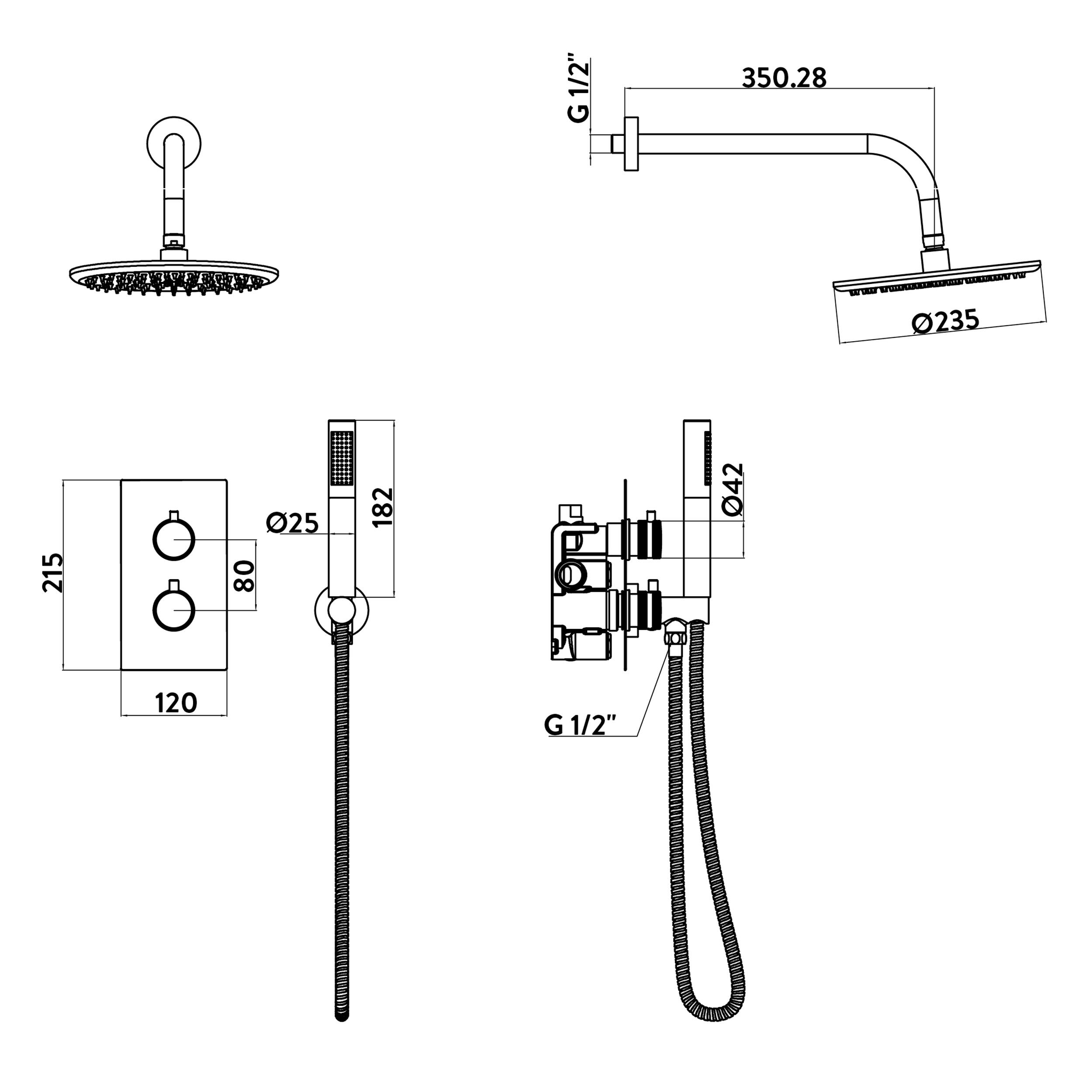 Scudo Core complete shower system with round handle, drench head, and handset in chrome finish