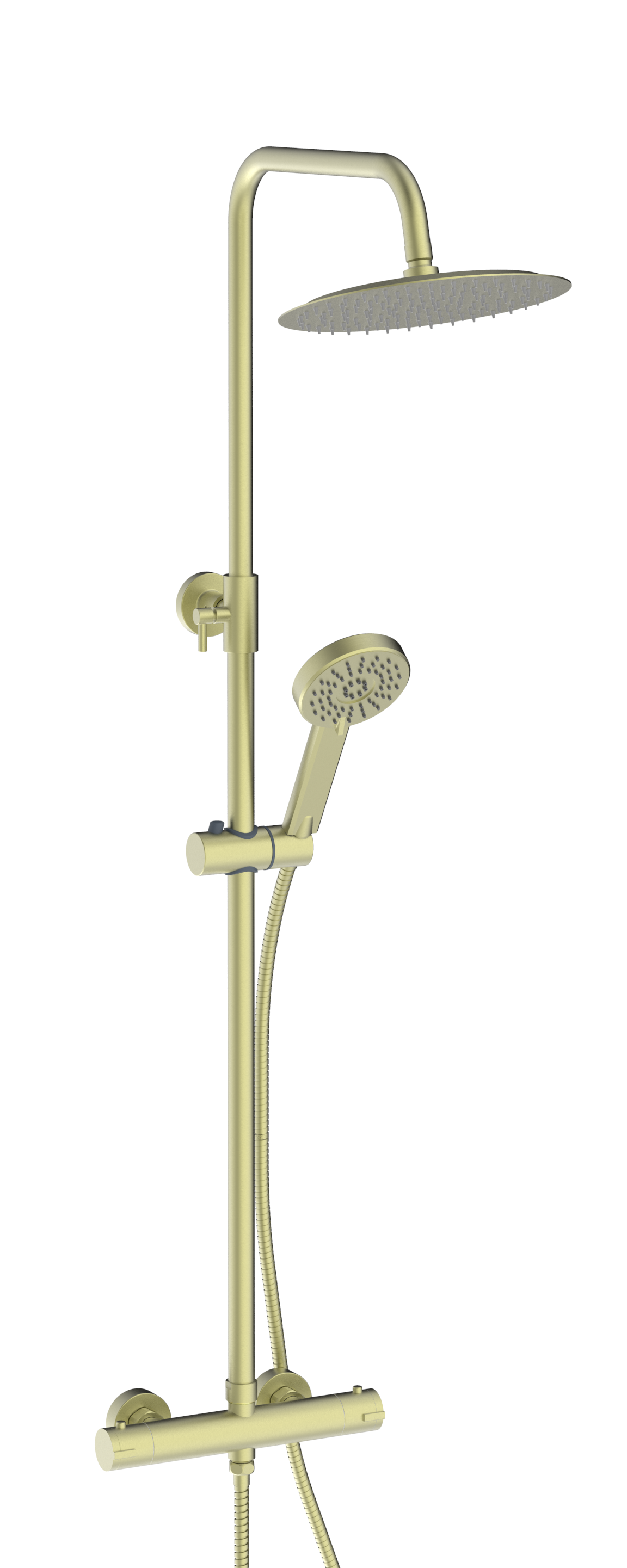 Scudo Serena round rigid riser shower in brass, with fixed head and bar valve