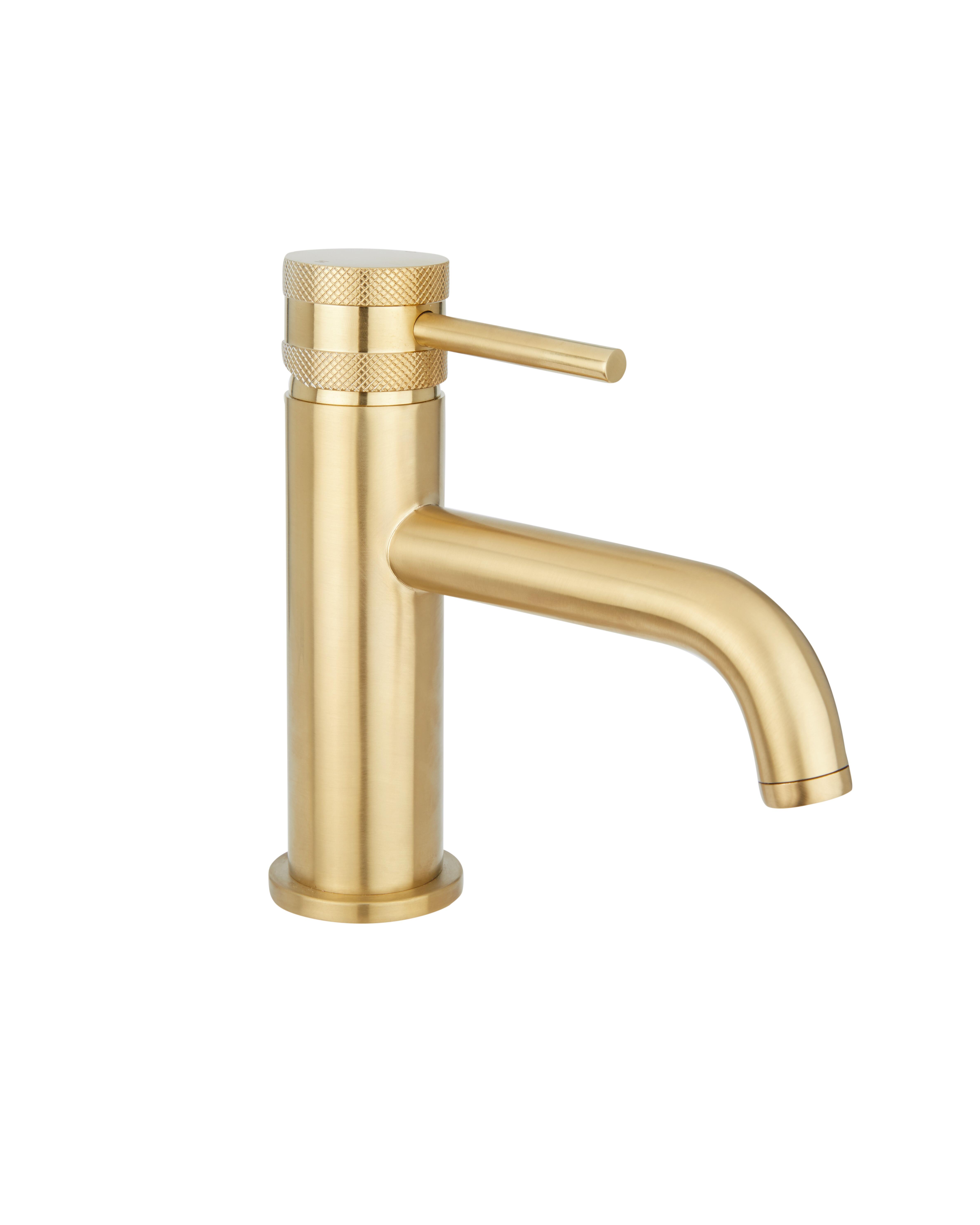 Scudo Core Collection deck mounted basin mixer, brushed brass finish, lever handle
