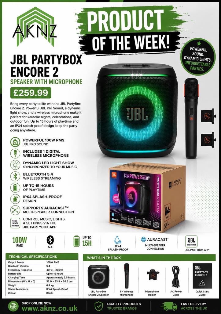 JBL PartyBox Encore 2 – The Ultimate Portable Party Speaker with Wireless Microphone