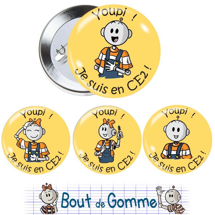 Badges Enseignants | Petits Badges Bout de Gomme Pour la Rentrée CE2. Lot de 4