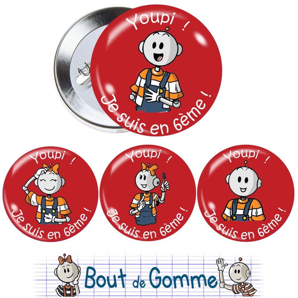 Badges Enseignants | Petits Badges Bout de Gomme Pour la Rentrée 6ème. Lot de 4