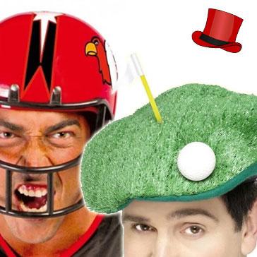 Sports themed costume hats. All the major sports represented including cricket, rugby, basketball, NFL, Golf and lots more all availabl ehere at Karnival Costumes online party shop