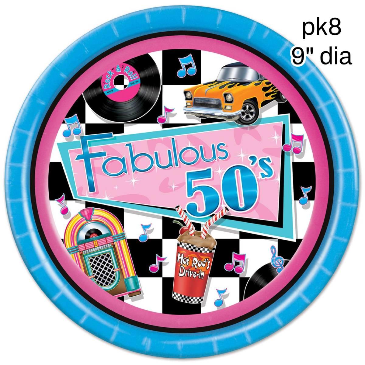 Pk8x 9" Fabulous 50s Paper Party Plates by Beistle 58035 available here at Karnival Costumes online party shop