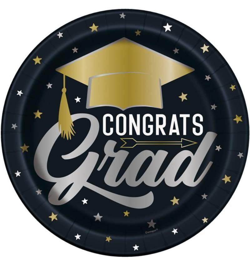 Graduation Party Stars and Caps 23cm Paper Plates pk8 by Unique 24875 available here at Karnival Costumes online party shop