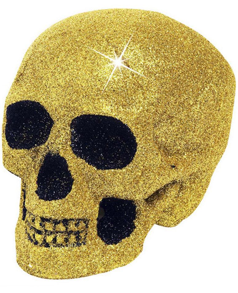 Gold glitter blinged Skulls standing 9cm tall by Widmann 7862W and available here at Karnival Costumes online Halloween party shop