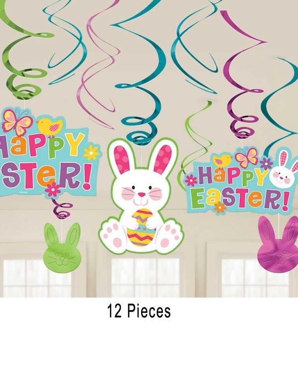 Pack of 12 Easter Swirl Party Decorations with bunnies and Happy Easter signs, by Amscan 670419 and available in the UK from Karnival Costumes