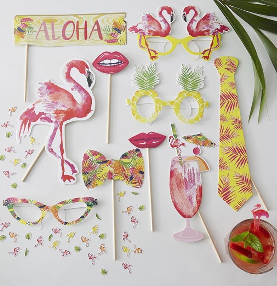 Flamingo Fun Summer Photo Props Set containing 10 pieces by Ginger Ray FL-206 and available here at Karnival Costumes online party shop