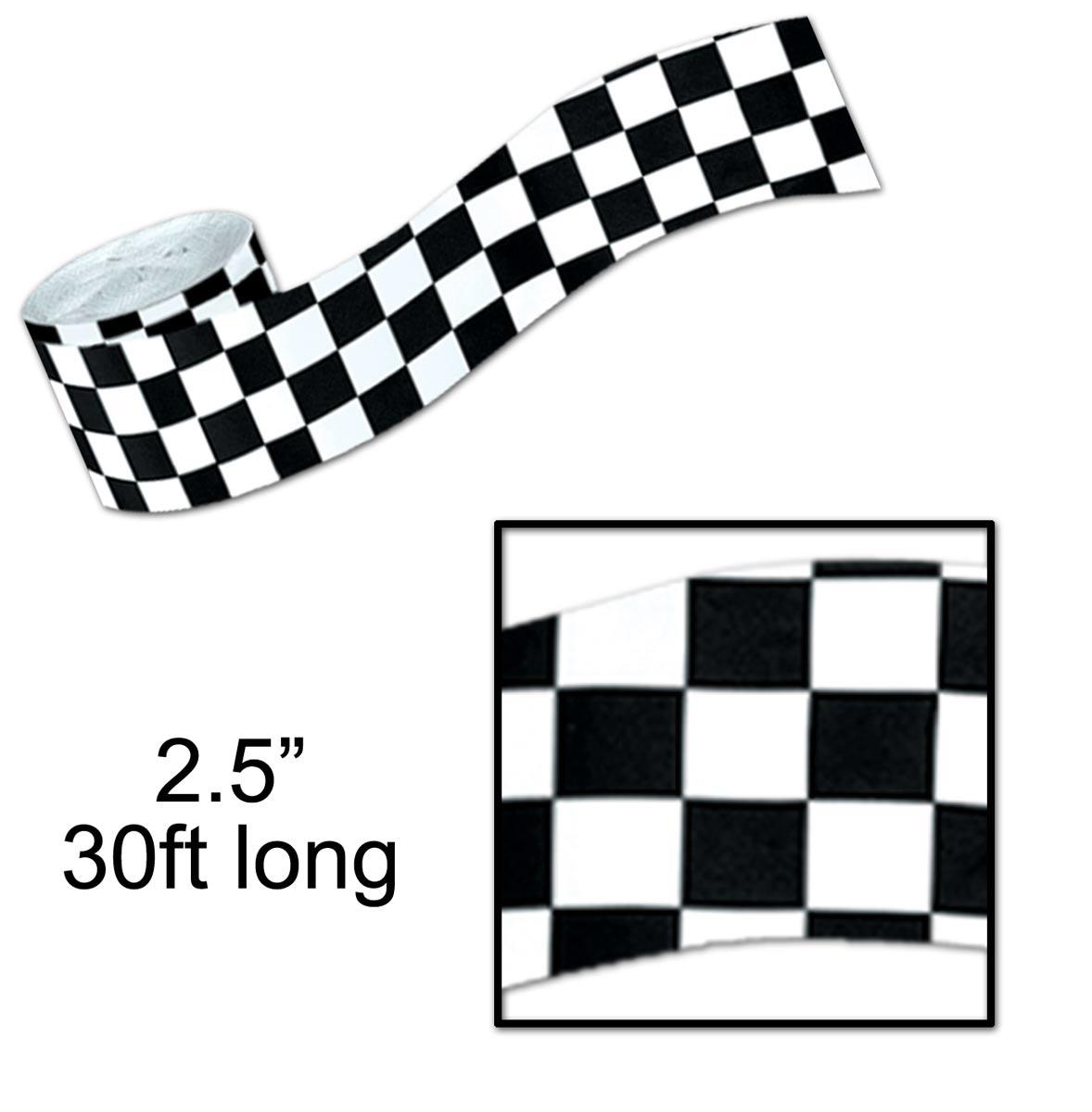 Grand Prix Black and White Chequered Flag Crepe Streamer 30ft length by Beistle 55397 available here at Karnival Costumes online party shop