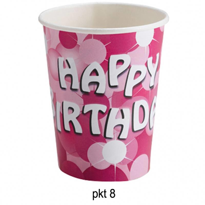 Pink Sparkle Happy Birthday Paper Cups 250ml - pk8 by Amscan 551772 available here at Karnival Costumes online party shop