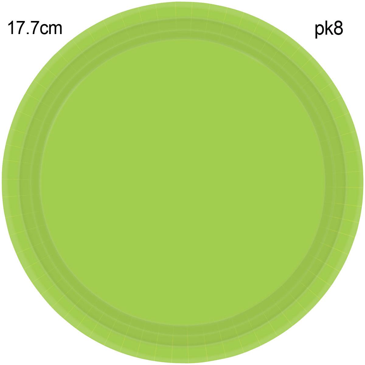 Pk 8 Kiwi Green 17.7cm Paper Dessert Plates by Amscan 54015-53 available here at Karnival Costumes online party shop