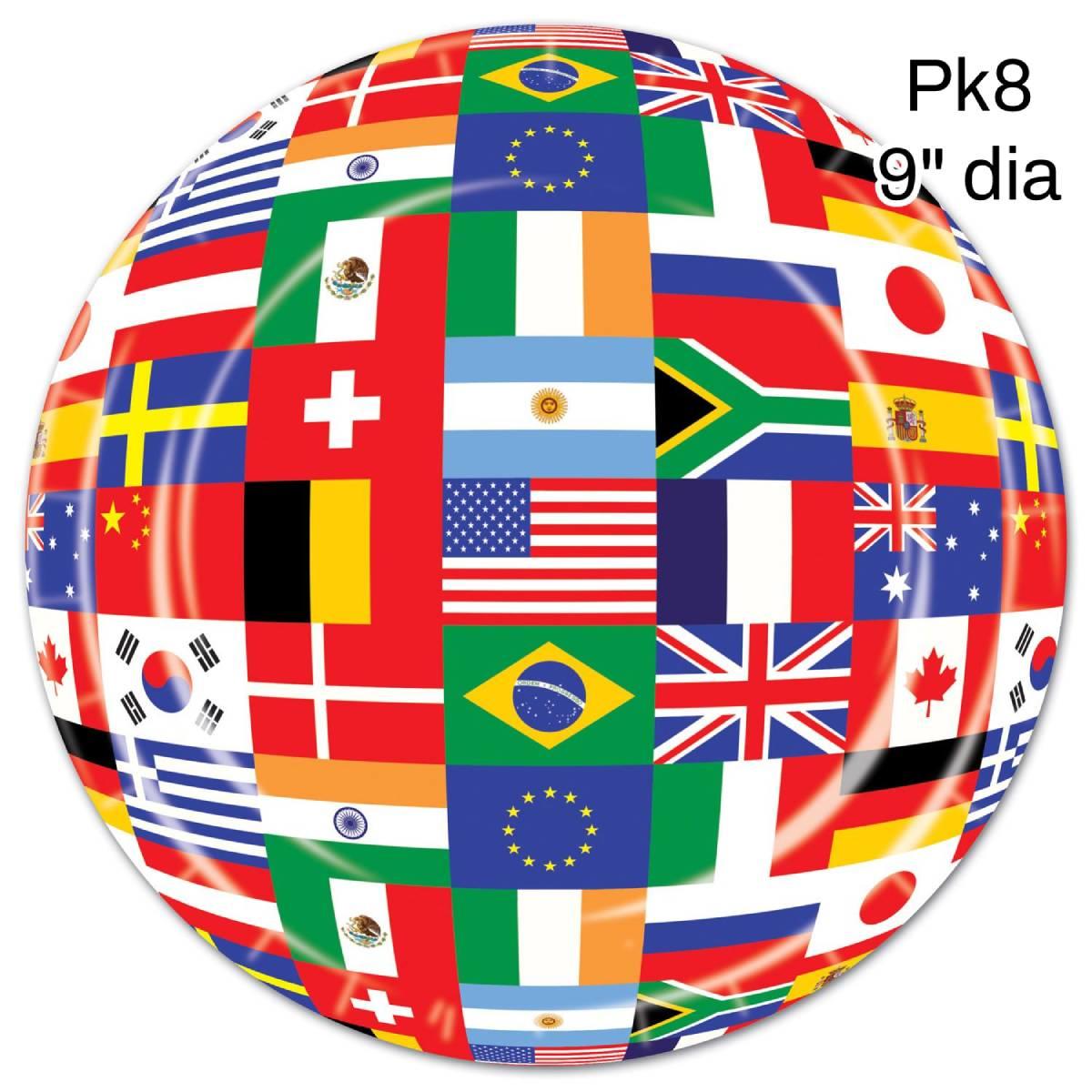 Olympics or World Cup this is our pack of 8, 9" or 23cm diameter International Flag Paper Party Plates pk8 by Beistle 58022 available here at Karnival Costumes online party shop