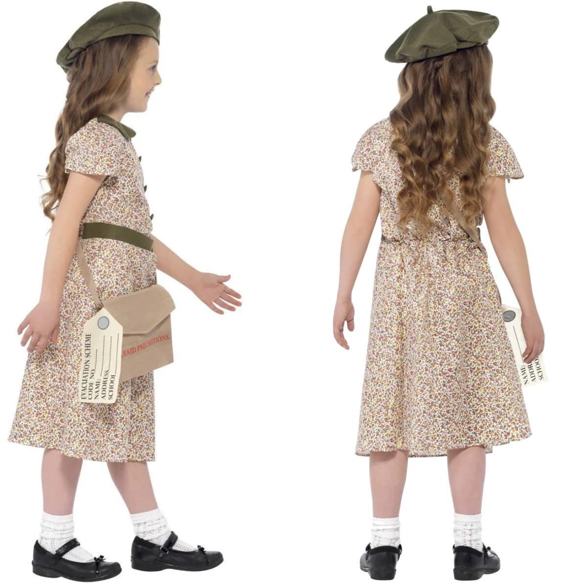 Side and rear views of our Wartime Evacuee fancy dress costume for girls by Smiffys 27533 available here at Karnival Costumes online party shop