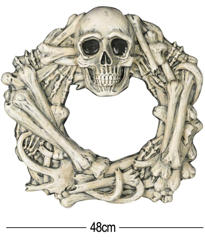 Halloween Boneyard Wreath 7cm deep with a diameter of 48cm. By Amscan 190545 this affordable Halloween decoration is available from Karnival Costumes online party shop