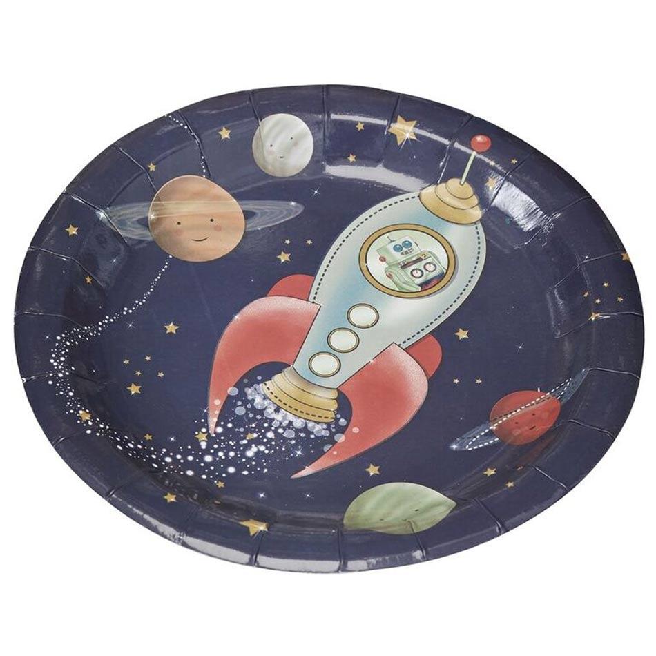 Pack of 8 Retro Space Adventure Paper Plates, dinner plate size 23cm, by Ginger Ray SA-301 available here at Karnival Costumes online party shop