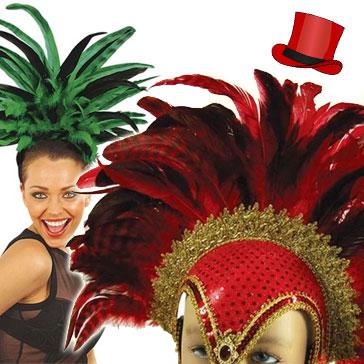 Showgirl headresses in a range pf colours and styles. Super glam burlesque style feather headresses available here at Karnival Cstumes online party shop