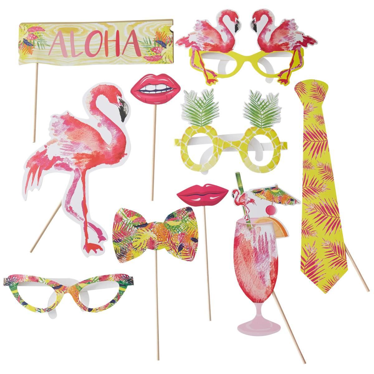 Photo Props set for Flamingo Summer Fun containing 10 pieces by Ginger Ray FL-206 and available here at Karnival Costumes online party shop